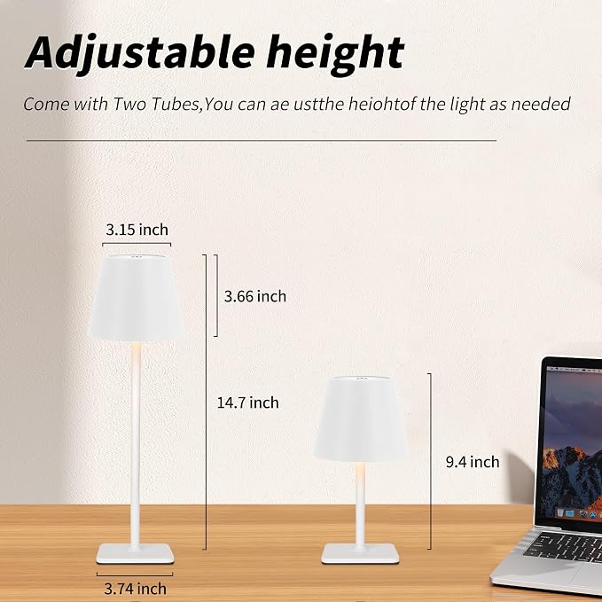 Mr. White Outdoor Waterproof Cordless Set of 2 Rechargeable Portable Top Touch Battery Operated Powered LED Table Lamp Desk Lamp Lights for Restaurant Kitchen Patio Dinner Dining (White 2 Pack)
