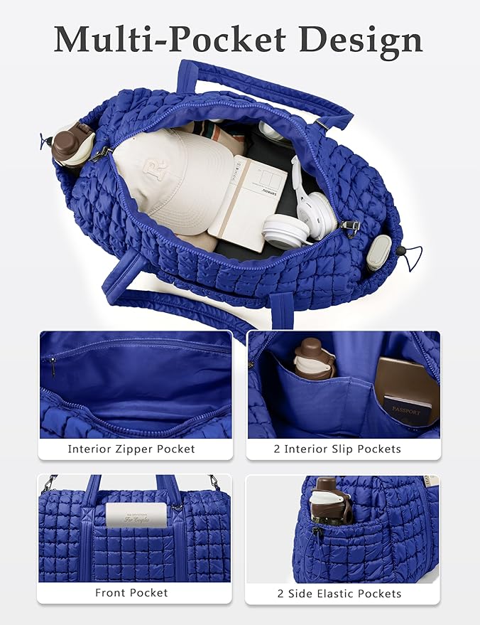 Quilted Travel Duffle Bag for Women Medium Weekender Bag Puffer Overnight Bag Large Soft Puffy Duffel Bag Carry-On Gym Bag Lightweight Personal Item Travel Bag for Trips Business Sport Airplane