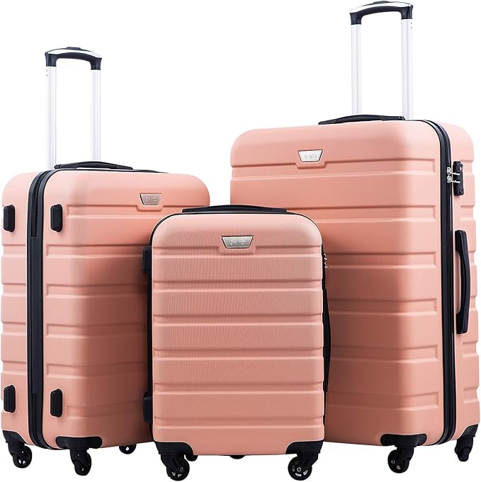 Coolife Luggage 3 Piece Set, Lightweight Durable Hardshell Suitcase set with 360° Spinner Wheels, TSA-approved Lock, Checked Family Travel Luggage sets, 20/24/28 Inch, Sakura Pink