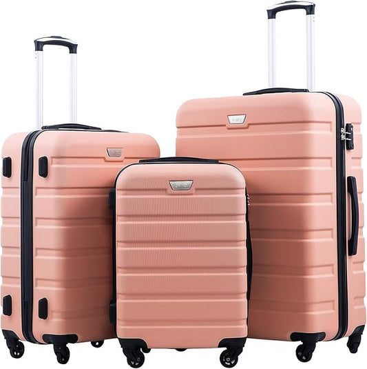 Coolife Luggage 3 Piece Set, Lightweight Durable Hardshell Suitcase set with 360° Spinner Wheels, TSA-approved Lock, Checked Family Travel Luggage sets, 20/24/28 Inch, Sakura Pink