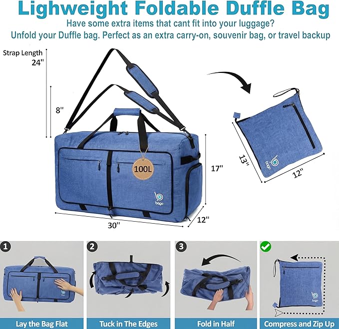 Bago Large Duffle Bag for Travel Women & Men. Durable Lightweight Foldable Travel Duffel Bags For Traveling Women. 100L Duffle Bags for Overnight Bag With Shoe Compartment Collapsible Weekender duffel