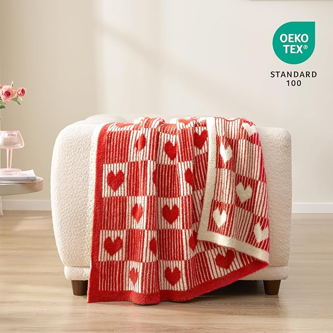 Snuggle Sac Red Heart Checkered Blanket for Women,Valentines Day Heart Blankets for Her Wife Girlfriend Mom,Super Soft Warm Fluffy Faux Fur Blanket for Couch Sofa Bed,Red Heart,50x60 inches