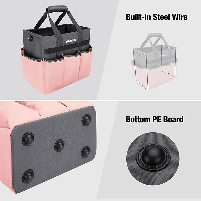 WORKPRO Garden Tool Bag, Heavy Duty Gardening Tote Bag Organizer with 10 Pockets and Long Adjustable Shoulder Strap, Standable Garden Home Tool Kits Organizer, Pink - Pink Ribbon