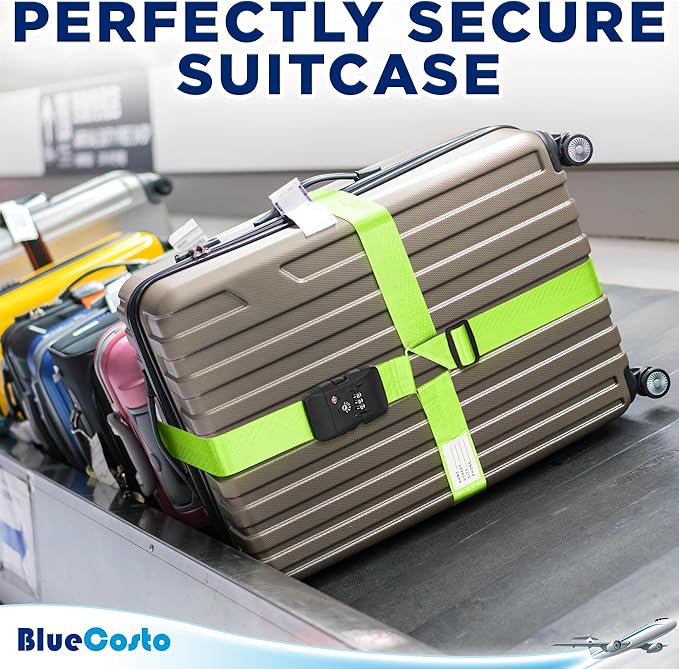 BlueCosto - Luggage Strap with TSA Lock - 7 to 13 ft Adjustable, Neon Green - TSA Approved Suitcase Security Belt with 3 Digit Combination Locking - 2" Wide Heavy Duty Baggage Strap for Secure Travel