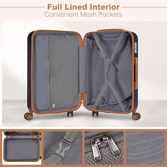 Kono 24 Inch Luggage Medium checked Lightweight Hardside Suitcase with Spinner Wheels & Built-in TSA Lock, Navy