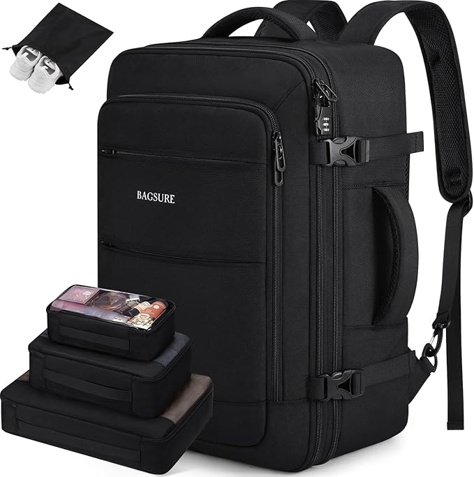 Bagsure Travel Backpack Carry On Backpack 42L Flight Approved, Expandable Laptop Backpack with Packing Cubes & Shoe Pocket, Water Resistant Luggage Backpack for Men Women, Large Backpack 20 * 14 * 7"