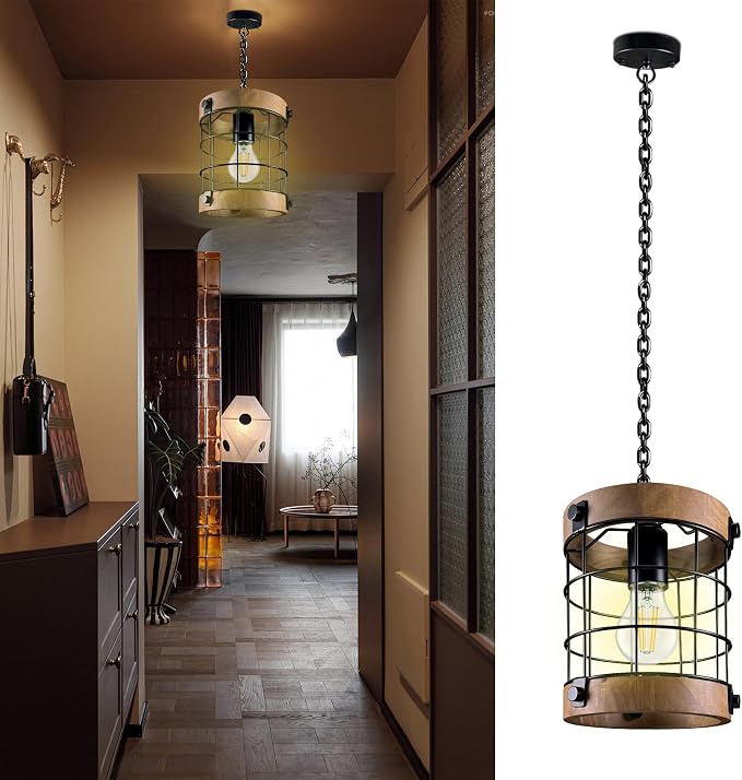 Farmhouse Pendant Light Fixtures, Wood & Metal, E26 Max 60W | Rustic Hanging Lamp for Kitchen, Sink, Entryway – Adjustable 47.2" Pipe, Sloped Ceiling Compatible, Incandescent