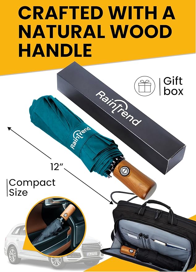 Raintrend Windproof Travel Umbrellas for Rain Automatic +10% Bigger Canopy Strong Frame Compact Folding Portable Umbrella for Women Men Backpack Purse