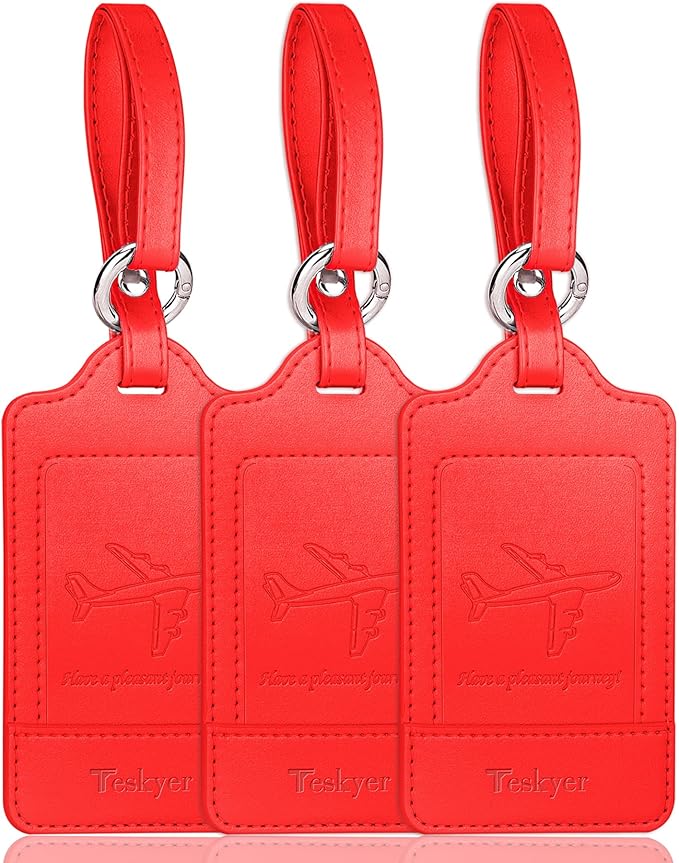 Teskyer Luggage Tags, 3 Pack Premium PU Leather Luggage Tags for Suitcases, Privacy Protection Travel Bag Tags, Red