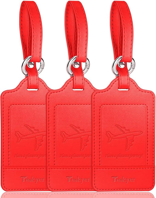 Teskyer Luggage Tags, 3 Pack Premium PU Leather Luggage Tags for Suitcases, Privacy Protection Travel Bag Tags, Red