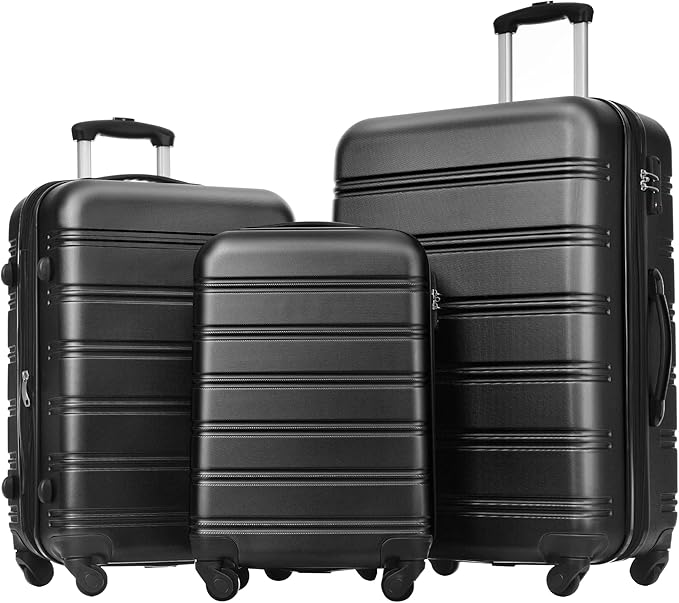 Merax Luggage Sets 3 Piece Hardside Expandable Suitcase with Spinner Wheels,Durable Lightweight Luggage with TSA Lock, Large Travel Luggage Set(Black-1,20+24+28 inches)