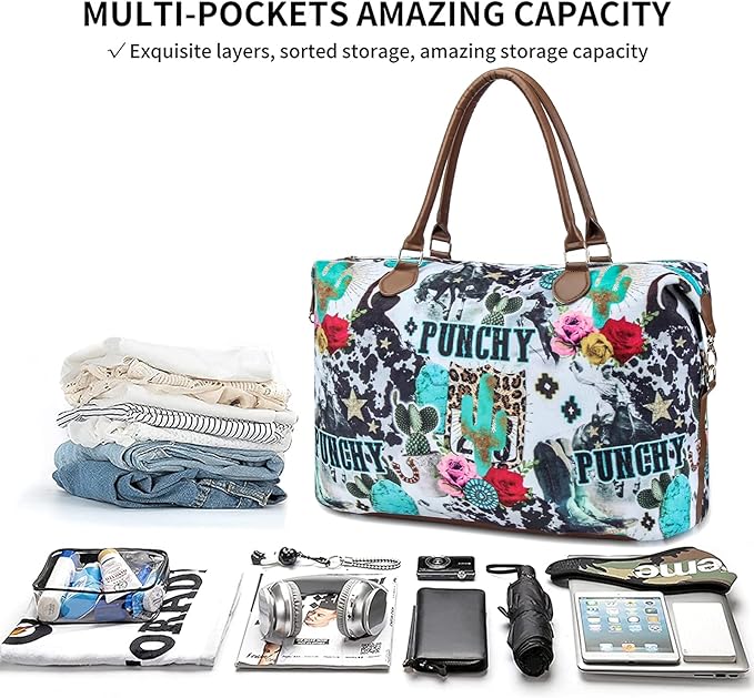 Weekender Bag Duffle Bag For Women Large Travel Tote Bag Overnight Weekend Bags With Shoulder Strap Cow Leopard Atzec…