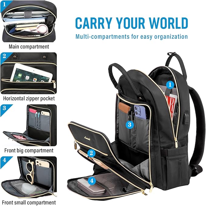 LOVEVOOK Laptop Backpack for Women, Water Resistant Travel Work Black Backpacks Purse Business Teacher Nurse Computer Bag with USB Charging Port, Fits 15.6" Laptop
