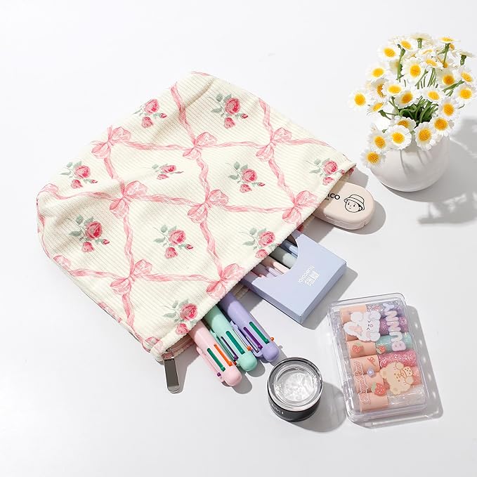 Cosmetic Bags for Women - Corduroy Cosmetic Bag Aesthetic Women Handbags Purses Smile Dots Makeup Organizer Storage Makeup Bag Girls Case Bags (Flowers-Plum blossom)