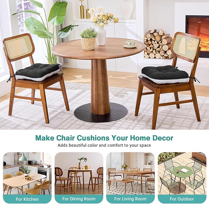 BETU Black Chair Cushions for Dining Chairs Set of 2,3.5" Thick Kitchen Table Chair Pads with Ties,Non Slip Backing and Covers,Seat Cushion for Dining Room,Bar,Patio Chairs,16"X16"X3.5",Black