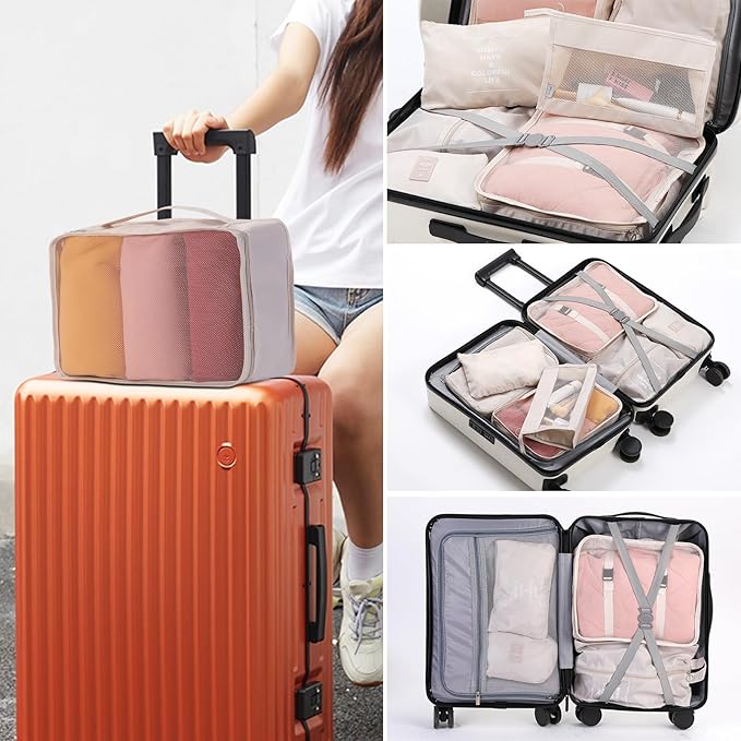 11 Set Packing Cubes for Travel Essentials, Suitcase Organizer Bags for Airplane Road Trip Camp - Beige
