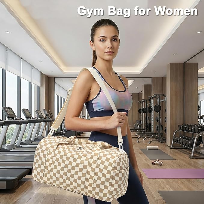 LEDAOU Duffle Bag Girls Kids Cute Dance Bag with Shoe Compartment Gym Bag with Wet Pocket Sports Overnight Travel Workout Bag (Checkered Brown-White)
