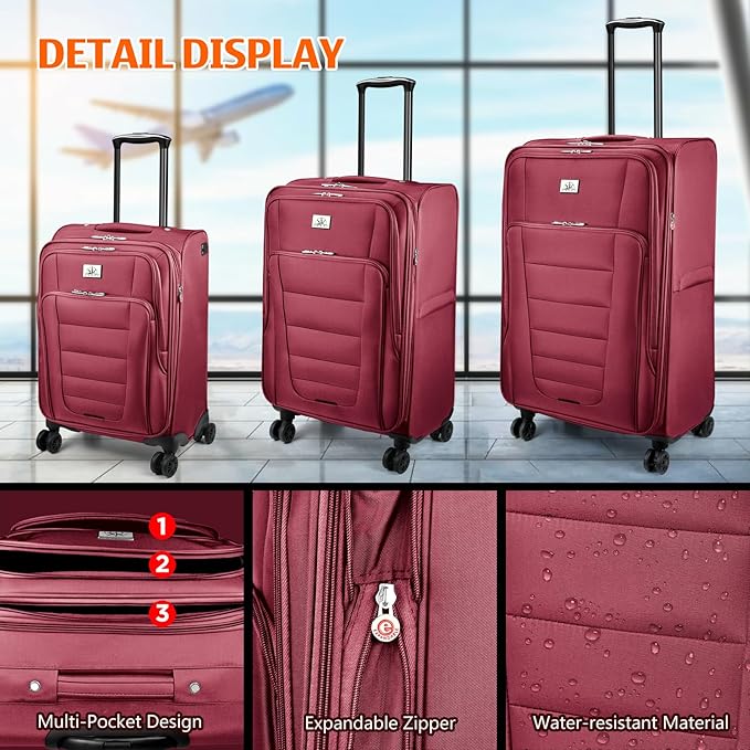 Verdi Luggage 2 Piece Set Suitcase Spinner Wheels Softshell Expandable, Carry On Luggage with USB Port (Burgundy, 2-Piece set(20/24))