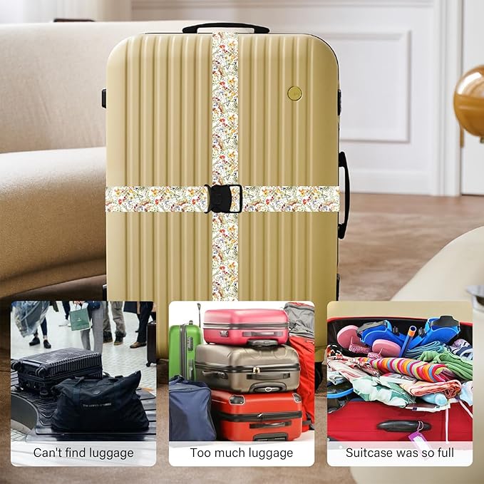Luggage Straps for Suitcases, Travel Adjustable Belt with Quick Release Buckle, Heavy Duty Nylon Bag Packing Strap, Unique Bright Identifiers Business Travel Accessories (2 Pack) - Yellow Flowers
