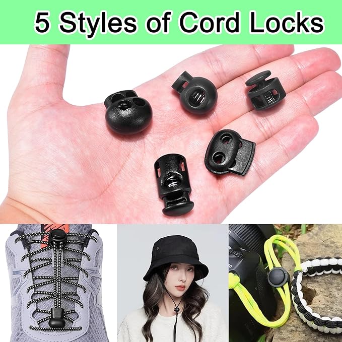 CooBigo 25pcs Plastic Spring Cord Locks for Drawstring, Paracord Toggle Stopper Clasp Elastic Shoeslace Lock Sweatpants Hoodie String Clips Gloves String Lock