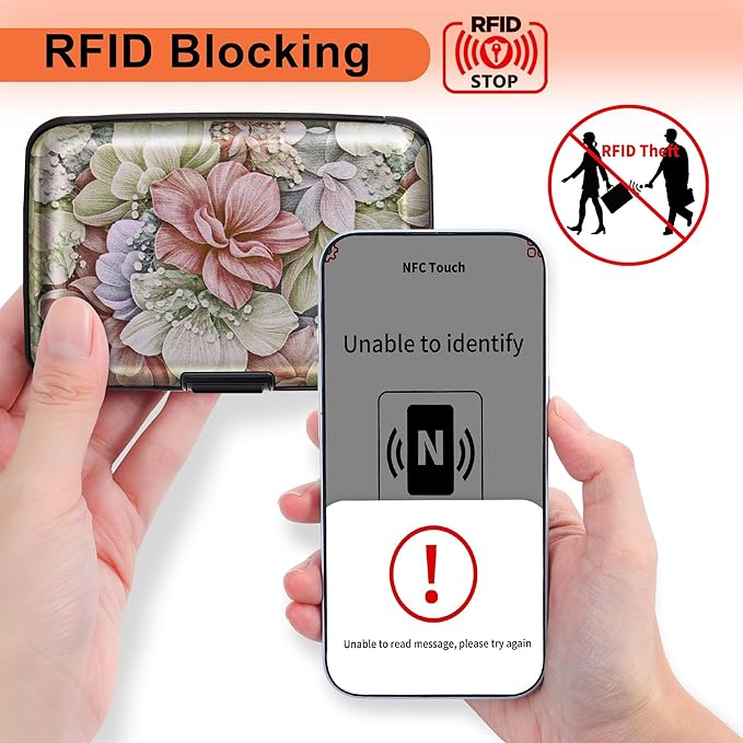 Mayski Credit Card Holder for Women, RFID Blocking, Aluminum Alloy Hard Case, Small Mini Metal Wallet for Women Men, Happy Flower