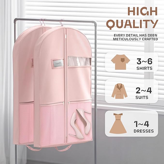 Lazebox 43" Travel Garment Bag with Accessories Zipper Pocket, Heavy Duty Suit Bag for Suits, Tuxedos, Dresses, Coats, Pink, 1 pack