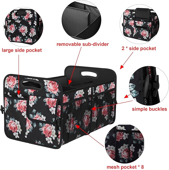 Femuar Car Trunk Organizer,Car Storage Organizer with 72L Large Capacity Waterproof Collapsible and 11 Pockets,Trunk Organizer for Car Suv/Jeep/Sedan, Large Size, Flower