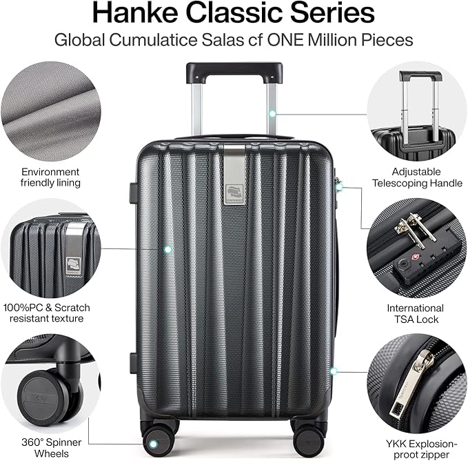 Hanke Luggage Sets 3 piece Carry On Luggage with Wheels PC Hard Shell Suitcases Lightweight Checked Travel Luggage Large Travel Suitcase Woman Men 20/24/29 Inch(Jet Black)