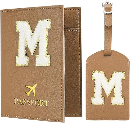 PATIKIL Passport Holder for Travel, Initial Passport Cover and Luggage Tag Set with Alphabet Chenille Letter Patch Travel Wallet Bag Suitcase Identifier for Women Family Travel Brown M