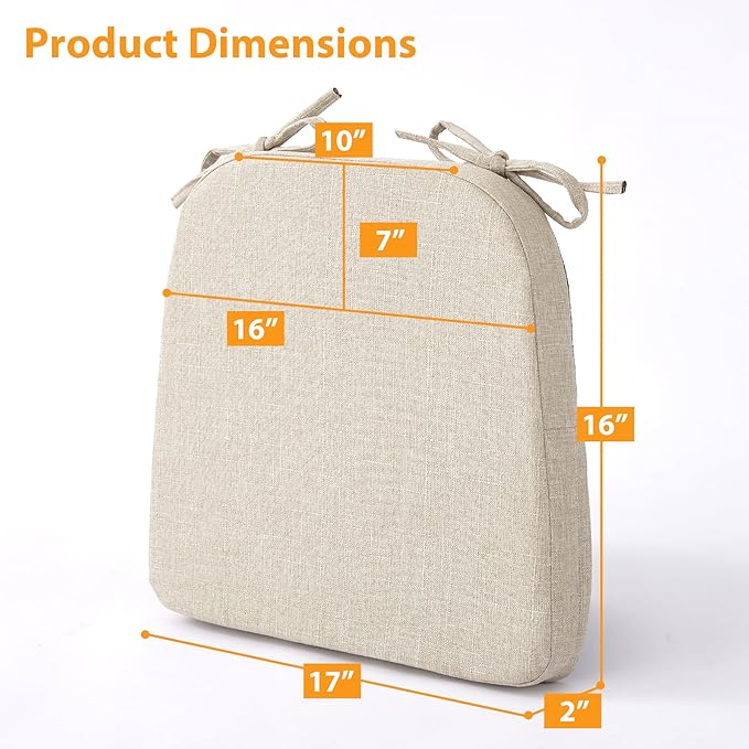Chair Cushions for Dining Chairs, 2" Thick Seat Cushions for Kitchen Chairs, D-Shaped Chair Pads with Washable Cover, Ties and Non Slip Backing, 17'' x 16'', Set of 2, Beige