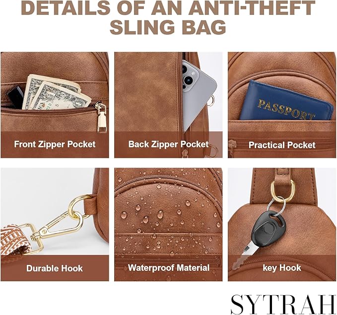 SYTRAH Anti Theft Crossbody Bags for Women, RFID Sling Bag Travel Purse, RFID Cross Body Purses Chest Bag for Travel Brown