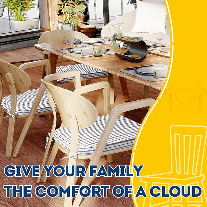 AAAAAcessories D-Shaped Chair Cushions, 2" Thick Dining Chair Pads with Ties and Removable, Machine-Washable Cover, 17" x 16", Set of 6, Pinstripe Brown