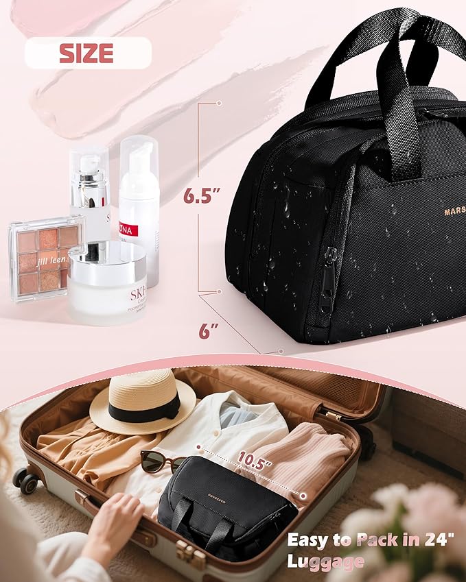Travel Makeup Bag, Small Size Waterproof Toiletry & Cosmetic Organizer with Leakproof Pockets for Bathroom or Vanity Use for Women, Black