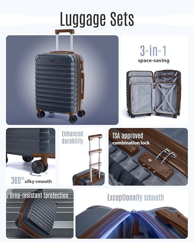 LIGHT FLIGHT Luggage Sets, 3 Piece Durable Suitcase Set with Spinner Wheels, 3 Pcs Hard Shell Lightweight Luggage with TSA Lock, Large Checked Travel Suitcases, 20/24/28 Inch,Blue/Brown