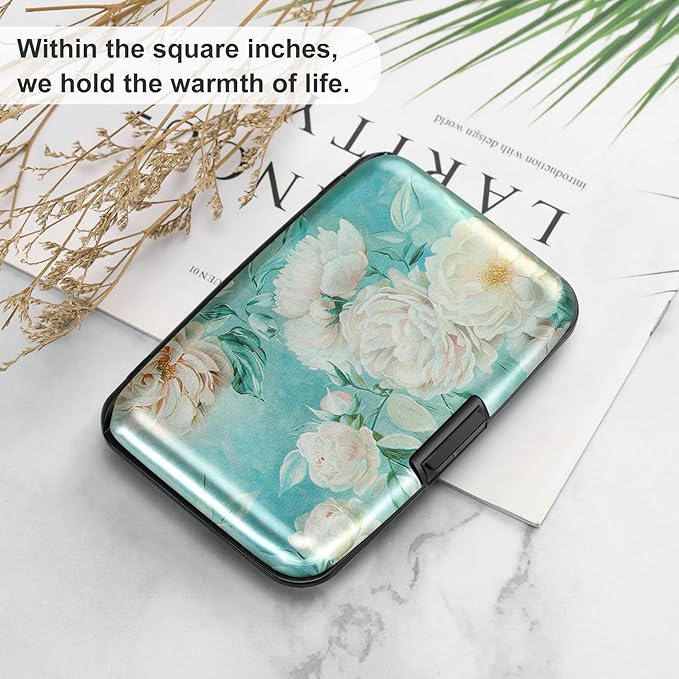 ELFISH Mini RFID Aluminum Wallet Credit Cards Holder Business Card Case Metal ID Case for Men Women(White peony)