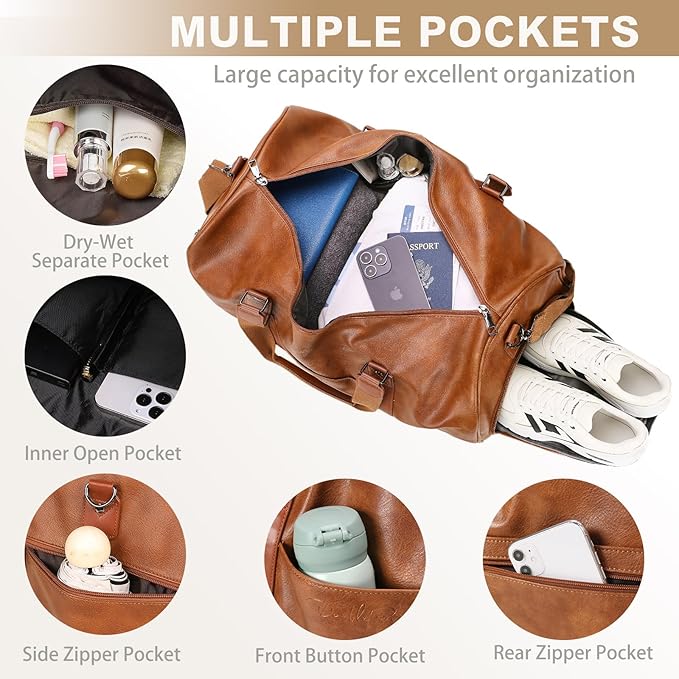 Large 3-in-1 Leather Duffle Bag for Travel Weekender Overnight Hospital Gym Bag for Men & Women, Carry On Airline Approved Personal Item Duffel Garment Bag Luggage with Shoe Compartment & Toiletry Bag