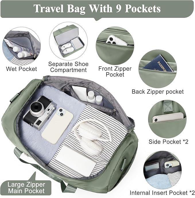 Travel Duffel Bag for Women, Carry-on Overnight Weekender Bags with Wet Pocket, For Spirit Airlines 18x14x8 Personal Item Bag,Small,Olive Green