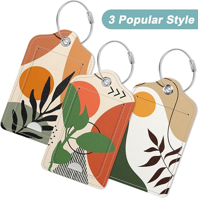 Rimilak 3 Pcs PU Leather Luggage Tags for Suitcase, Travel Cruise Luggage Tag with Privacy Flap, Name ID Label and Metal Loop for Women Men Baggage Handbag School Bag Backpack, Tropical Plant