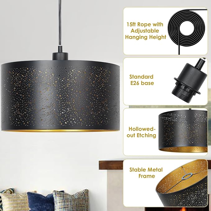 Qingmiao Boho Plug in Pendant Light, Black Shade, 3 Way Bulb, 14ft Cord | Hanging Lamp Plug in, 3-Way Dimmable Hanging Light Fixture for Living Room Bedroom Kitchen Ceiling Home Decor