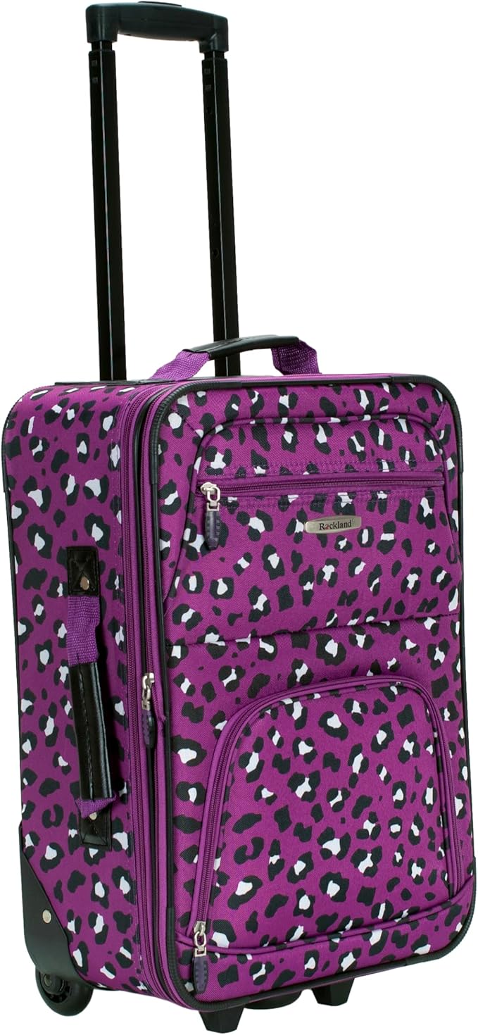 Rockland Fashion Softside Upright Luggage Set, Expandable,Telescopic Handle,Wheel, Purple Leopard, 2-Piece (14/19)