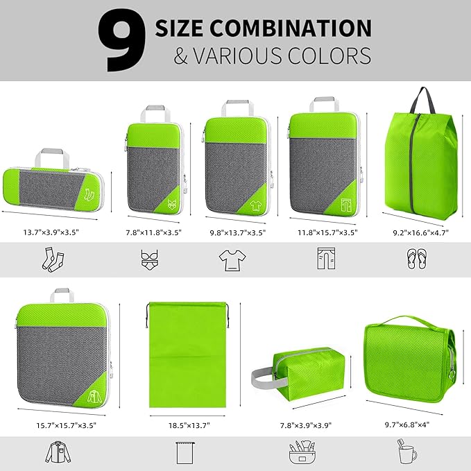 9-Set Packing Cubes with Hanging Bag | 9-Size Combination, Mesh Fabric & Reflective Stripe | Travel Luggage Organizers (Green)