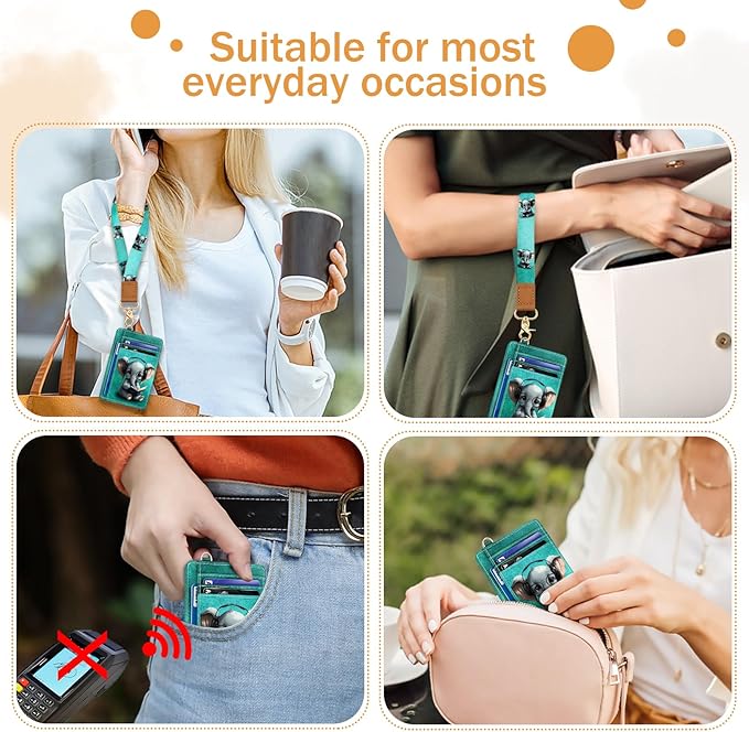 Yonlevres Elephant Credit Card Holder Slim Wallet, RFID Wallet Women Front Pocket Wristlet Lanyard, Small Card Holder Travel Funny Cute Thin Card Case ID Window PU Leather Card Organizer Gifts Girls