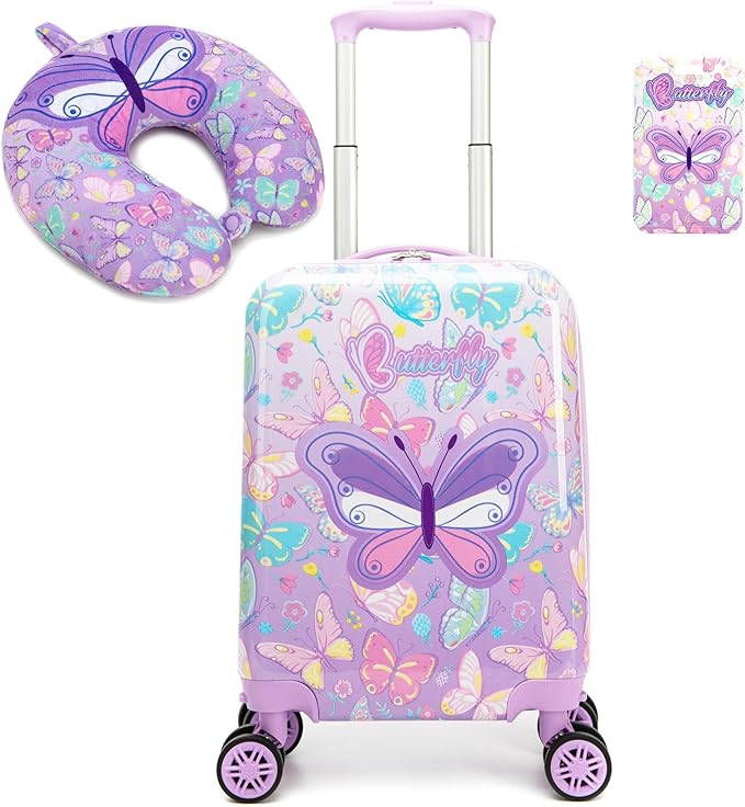 Kid's Luggage Set 2 Piece Suitcase Set 16" Hardside Luggage with Spinner Wheels Girls Carry on Toddler Travel Rolling Suitcase with Neck Pillow Airline Approved