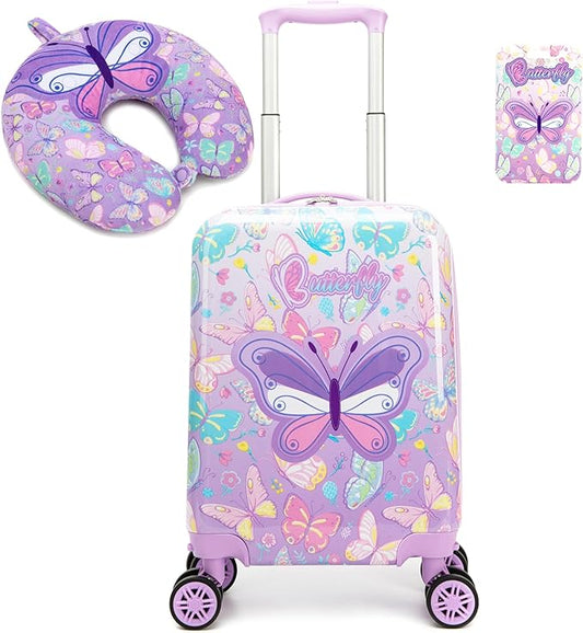 Kid's Luggage Set 2 Piece Suitcase Set 16" Hardside Luggage with Spinner Wheels Girls Carry on Toddler Travel Rolling Suitcase with Neck Pillow Airline Approved