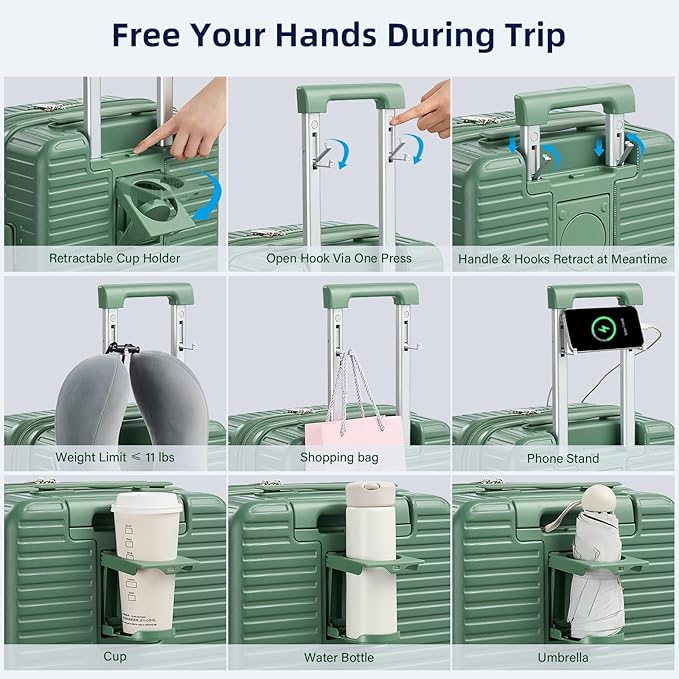 HanTrip 28 Inch Luggage Hard Shell Suitcases, Expandable Travel Checked Luggage 28 Inch, Large Check In Luggage with Spinner Wheels Cup Holder Charger Built in Lightweight Suitcase, Forest Green