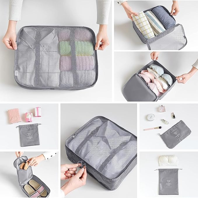 8 Set Packing Cubes for Suitcases Travel Luggage Packing Organizers,Travel Essentials Accessories Luggage Organizer with Shoe Bag Tioletry/Laundry Bag（Grey）