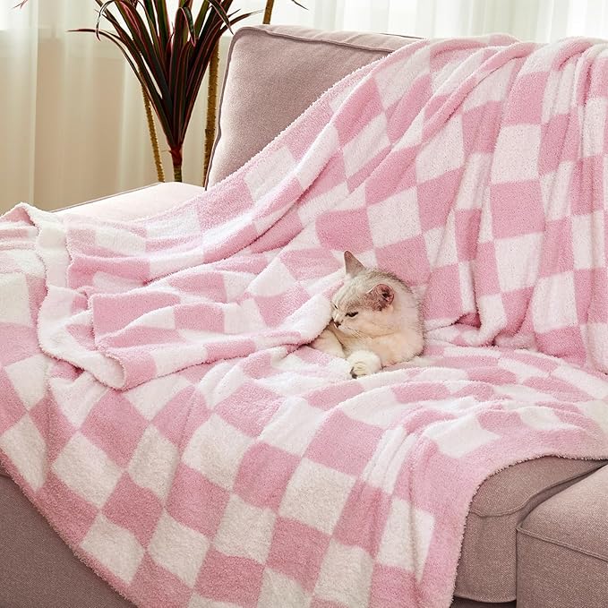 Checkered Throw Blanket, Pink Soft Cozy Fluffy Knitted Throw Blankets for Couch, Sofa, Bed, Chair, Warm Fuzzy Travel Picnic Lightweight Plaid Blanket, 50x70 inches