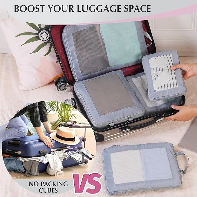 Ultralight Compression Packing Cubes for Suitcases Carry on，Compressible Mesh Packing Cubes for Travel Women Travel Essentials with Shoe Bag 6 Set (Grey)