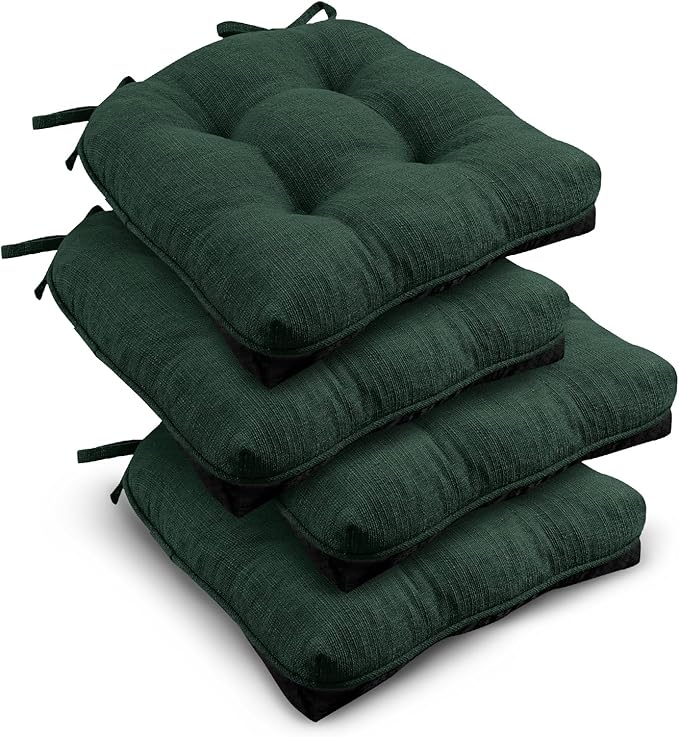 downluxe Indoor Chair Cushions for Dining Chairs, Tufted Overstuffed Textured Kitchen Chair Pads with Ties and Non-Slip Backing, 15.5" x 15.5" x 4", Dark Green, 4 Pack