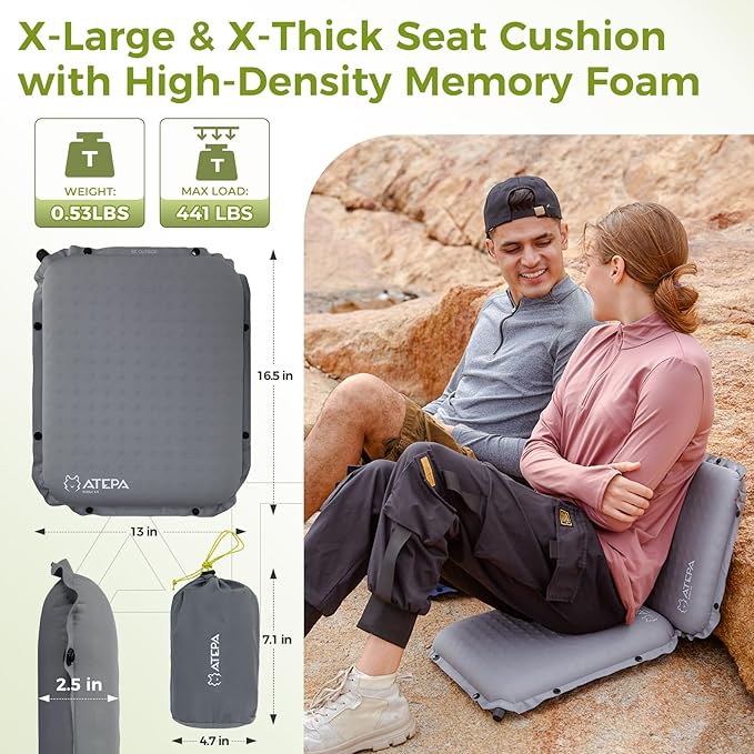 ATEPA Inflatable Seat Cushion, Self-Inflating Portable Stadium Airplane Travel Foam Cushion Pad for Camping, Sports Events, Outdoor